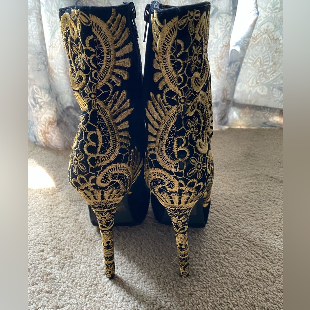 Heeled Black Faux-Suede with Gold Embroidery Booties - Picture 3 of 5